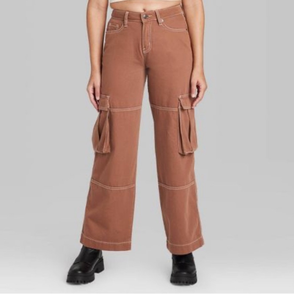 Women's Mid-Rise Cargo Baggy Wide Leg Utility Jeans - Wild Fable™ Brown Wash